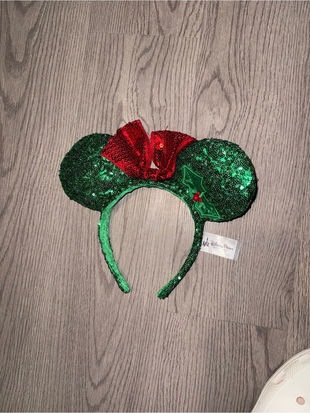 Disney Christmas Sequin Minnie Ears Headband with Red Bow and Holly Accent